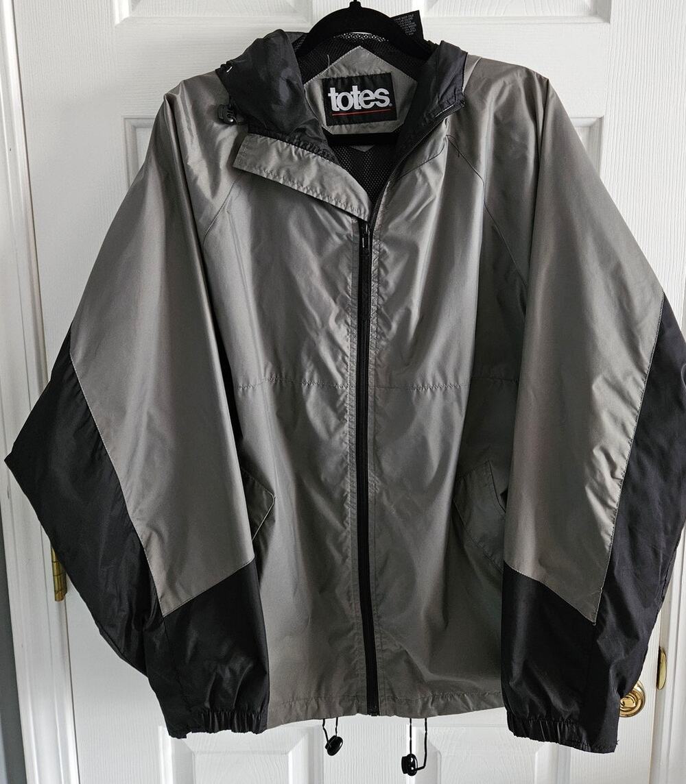 Men's Totes Windbreaker Raincoat Jacket Gray Black Size XL Velcro Pocket